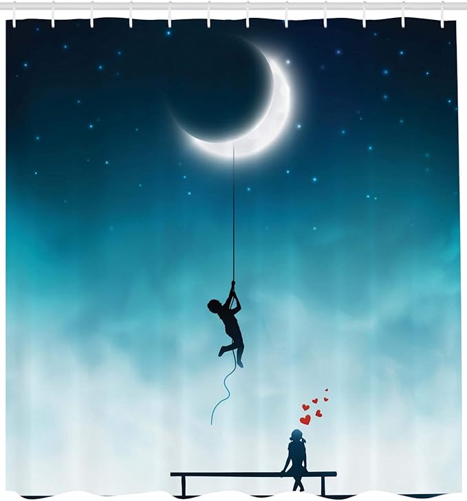 Ambesonne Fantasy Shower Curtain, Characters Climbing to The Moon and Sitting on Bench Love Romance Themed Art, Cloth Fabric Bathroom Decor Set with Hooks, 69" W x 84" L, White and Teal