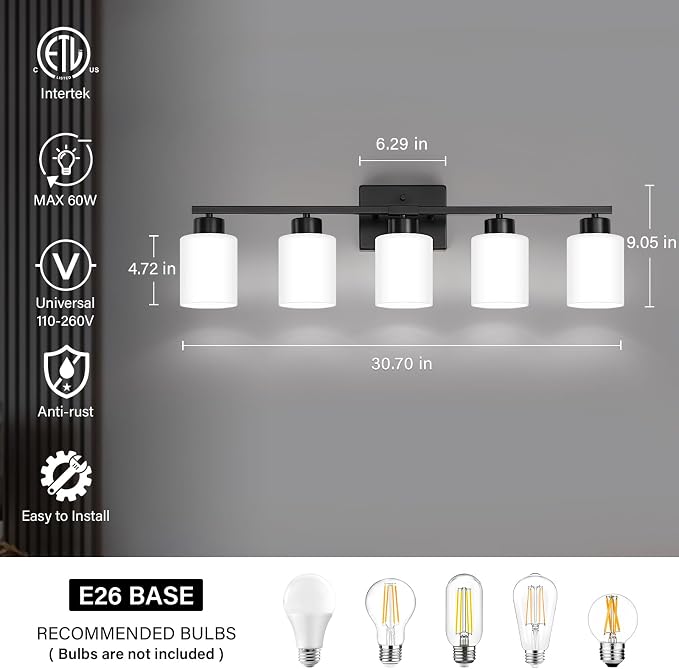 FonmYim Black Bathroom Light Fixtures, 5-Light Modern Vanity Light Over Mirror, Wall Sconces with Milky White Frosted Glass Shades, E26 Socket (Bulbs Not Included)