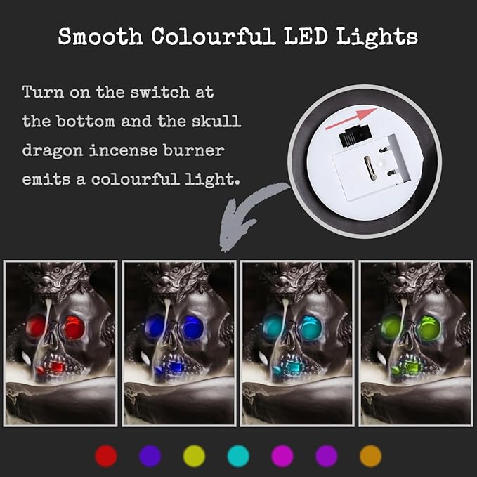 Skull Dragon Incense Burner Holder - Backflow Waterfall Cone Incense Holder, LED Ceramic Unique Skeleton Incense Burner with 15 Incense Cones for Halloween/Aromatherapy/Yoga/Home/Office Deco