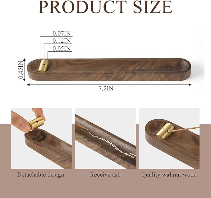 Wood Incense Holder for Sticks with Ash Catcher, 7.2 Inch Brass Incense Burner with 3 Holes, Wooden Incense Stick Holder for Meditation, Yoga, SPA & Home Decor