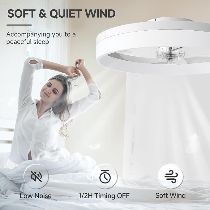 VOLISUN Low Profile Ceiling Fans with Lights and Remote, 19.7in Fandelier Ceiling Fan with Light, 3000K-6500K Dimmable Bladeless LED Fan Light, White Flush Mount Ceiling Fans with Lights for Bedroom