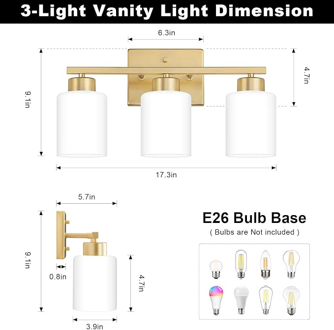 FonmYim Gold Bathroom Light Fixtures, 3-Light Modern Vanity Light Over Mirror, Wall Sconces with Milky White Frosted Glass Shades, E26 Socket (Bulbs Not Included)