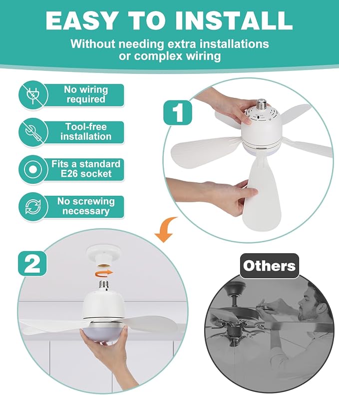HK Socket Fan Light Small Ceiling Fan With Light and Remote, 20 Inch Screw-in for E26/E27 Base, 5 Speed Dimmable Mini for Bedroom Kitchen and Small Rooms, White