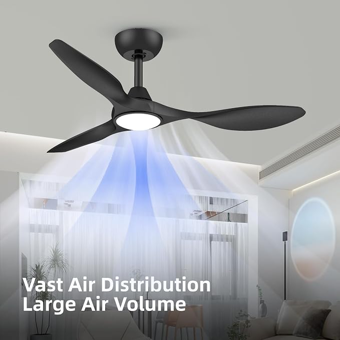 Roomratv 42 Inch BLack Ceiling Fans with Lights, Remote Control,Reversible DC Motor,Dimmable,6 Speeds,Ultra Quiet,3 Blade Ceiling Fans for Bedroom,Living Room,Indoor Outdoor Patio