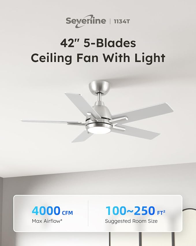 42 Inch Downrod Brushed Nickel Ceiling Fan with Light & Remote, ETL Listed | 6 Speed, Quiet DC Motor, 3-Level Timer Function, 3 Color Temperature, Forward/Reserve For all Seasons, Indoor/Covered Outdoor
