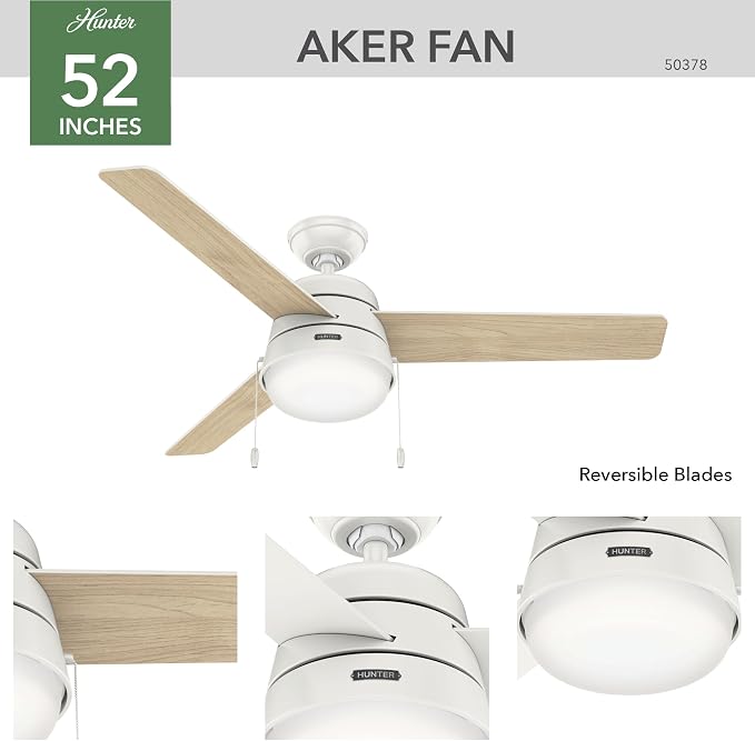 Hunter 52 inch Indoor Ceiling Fan with LED Light and Pull Chain - White Modern Ceiling Fan, Standard Mount, 3 Blades, For Bedroom, Living Room, or Kitchen, Quiet - Aker 50378, Fresh White