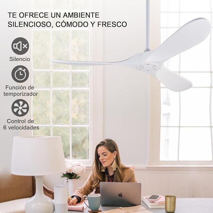 Ceiling Fans without Lights, 52 Inch Ceiling Fans no Lights with Remote Control, 3 Solid Wood Blades， Indoor Outdoor Ceiling Fan for Living Room Patios Bedroom Kitchen (White Blades)