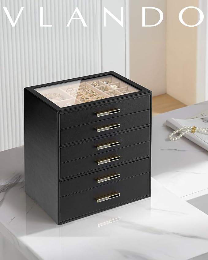 VLANDO 6 Layer Jewelry Box for Women, Glass Lid Jewelry Organizer with 6 Drawers for Necklaces Rings Earrings Bracelets - Black