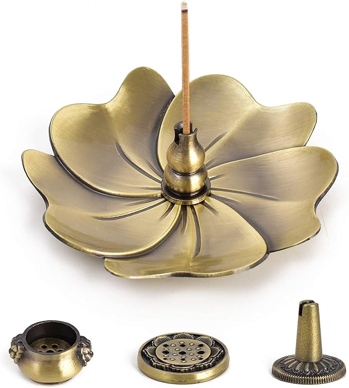 Sakura Flower Incense Holder, 5PCS Bronze Incense Burner Holder with Silk Pouch, Bowl-Shape, Lotus Multihole, Cone Shape and Gourd-Shape Ash Catcher Yoga Room Living Room Bedroom Home Fragrance