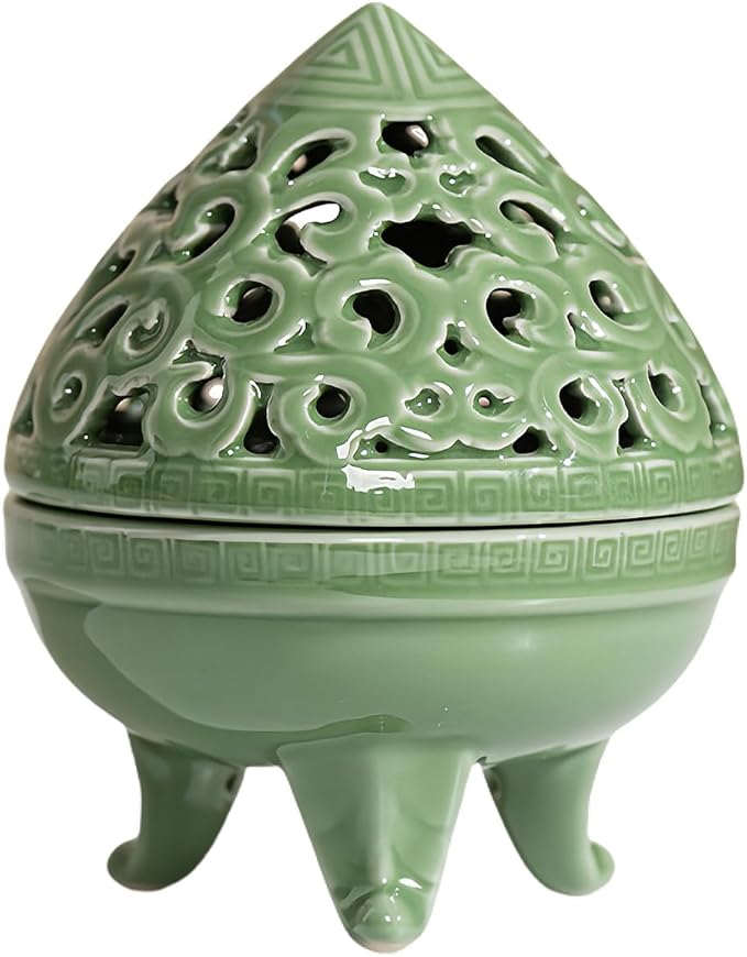 Mini Ceramic Incense Burner - Chinese Classic Plum Green Celadon Glaze, Fragrance Cone & Stick Holder Palo Santo/Sage/Herb Burner for Meditation, Yoga, Desk Decor, Zen Relaxation Gift (Cloud-B)