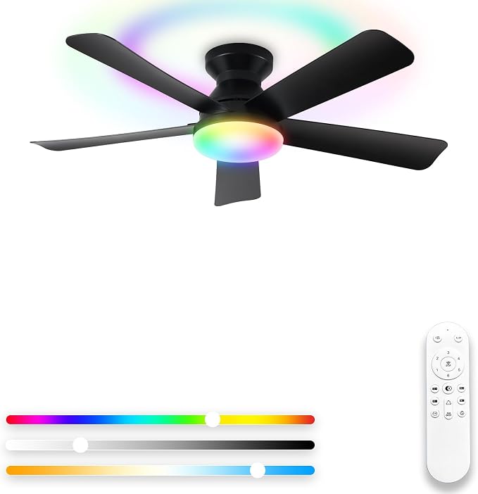 Depuley Ceiling Fan with RGB Light: 42-Inch Black Small Fans for Bedroom Indoor Outdoor - Dimmable Low Profile Ceiling Fans with Remote Control Flush Mount 5 Reversible Black Blades 6 Speeds Timer