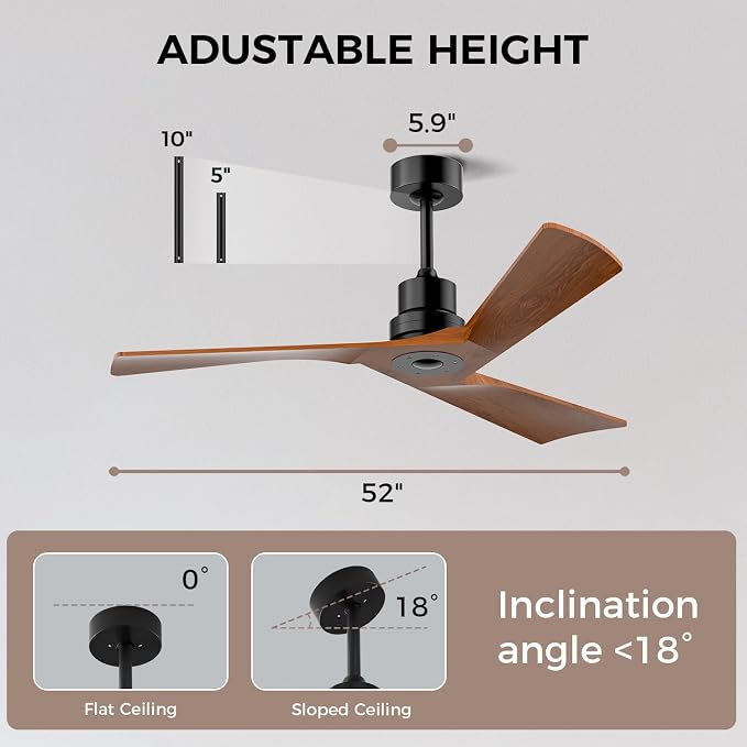 Obabala Ceiling Fan 52 Inch with Remote, Solid Wood Blades DC Motor 5000 CFM Quiet 35dB, Reversible 6 Speed Modern Farmhouse for Bedroom Living Room Indoor Outdoor, No Light with Downrod