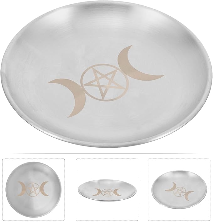 PRETYZOOM Altar Ritual Plate Dish Vintage Metal Offering Bowl Pentagram Moon Candle Holder Prayer Bowl Offering Plate Incense Burner Tray for Witchcraft Wiccan Tarot Supplies
