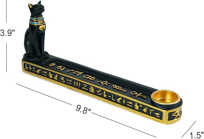 OwMell Egyptian Incense Holder for Sticks, Egyptian Cone Incense Burner with Ash Catcher, Incense Tray for Sticks 10" - Egyptian Cat