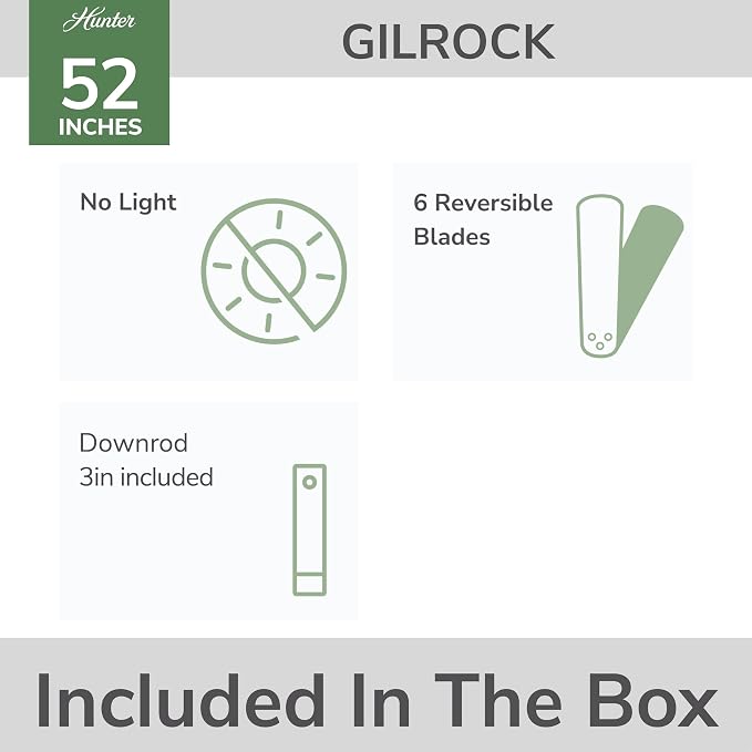 Hunter Gilrock, Indoor, Ceiling Fan, No Light, 52 inch, Matte Silver | Standard Mount, Pull Chain, 6 Blades, For Bedroom, Living Room, Kitchen, 52353