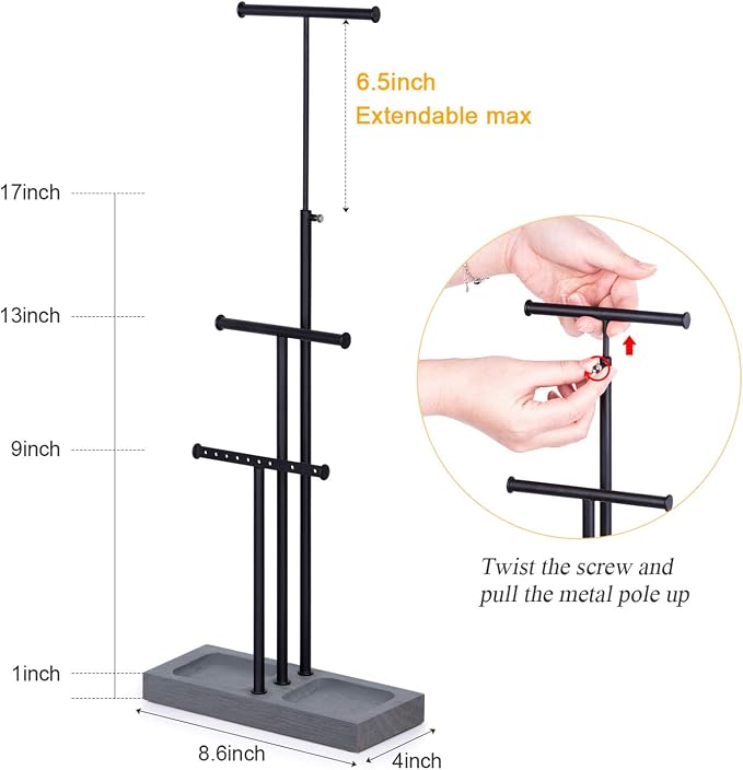 Love-KANKEI 3-Tier Jewelry Holder,Adjustable Height,Black/Weathered Grey | Metal Rod,Solid Wood Base,Easy to Install,Tree Style,Display Long Necklaces,Bracelets,Earrings,Rings,Watches,Bangles,Gift