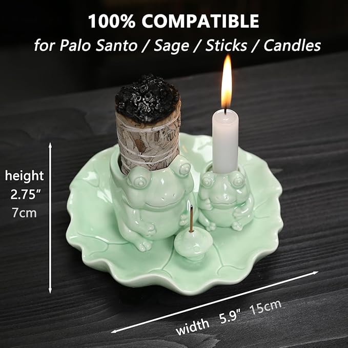 ChangWanna Multifunction 4 in 1 Frog Incense Holder, Palo Santo Holder, Sage Holder, Ceramic Incense Stick Holder for Burning - Cute Ash Catcher Tray for Yoga/Meditation/Home Room Office Decor, Green