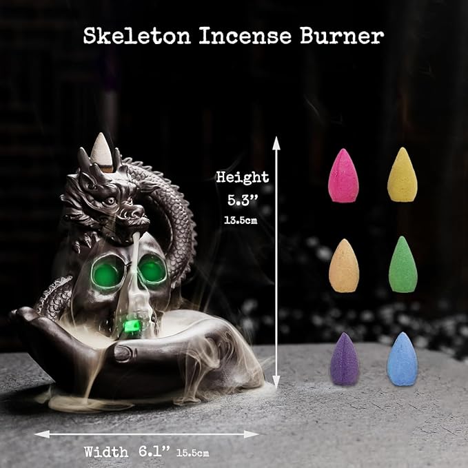 Skull Dragon Incense Burner Holder - Backflow Waterfall Cone Incense Holder, LED Ceramic Unique Skeleton Incense Burner with 15 Incense Cones for Halloween/Aromatherapy/Yoga/Home/Office Deco