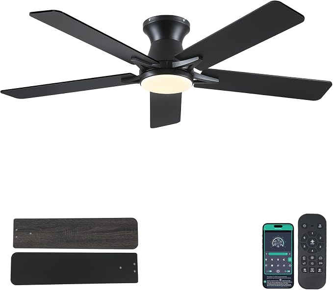 52"Modern Black Low Profile Flush Mount Ceiling Fans with Light and Remote | Supports Remote and APP, 6 Wind Speeds, Reversible, Dimmable 3 Light Colors LED Light, Noiseless 30W DC Motor,2H Timer