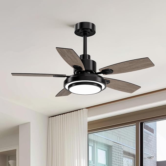 Ceiling Fans with Lights and Remote Control, 42 Inch Flush Mount Ceiling Fan with Quiet Reversible DC Motor, Dimmable LED Lighting, 6 Speeds, Timer, Black Ceiling Fan for Bedroom Living Room