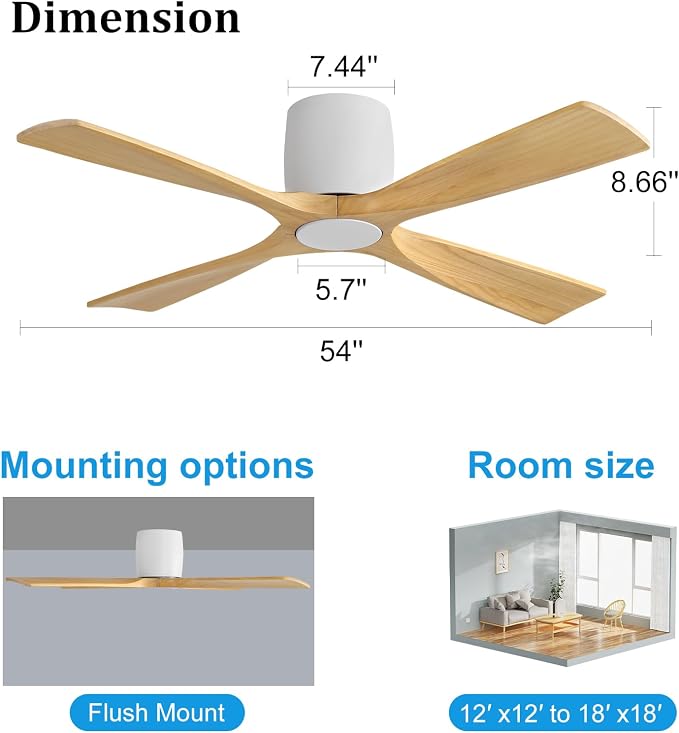 WINGBO 54 Inch Ceiling Fan Without Light, Solid Wood Flush Mount Ceiling Fan with Remote Control, Reversible DC Motor, 4 Blades, 6-Speed Quiet Performance, for Bedroom & Living Room, White+Light Wood