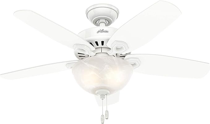 Hunter 42 inch Indoor Ceiling Fan with LED Light - White Ceiling Fan with Pull Chain, For Bedroom or Living Room, Standard Mount, No Remote, 5 Blades, Includes Bulbs - Builder 52217, Snow White