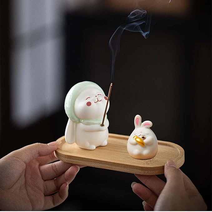 Cute Rabbit Incense Holder for Sticks – Resin Incense Stick Holder with Bamboo Ash Catcher,Perfect for Energy Cleansing,Yoga,Meditation,Zen Spaces, and Altar Decor