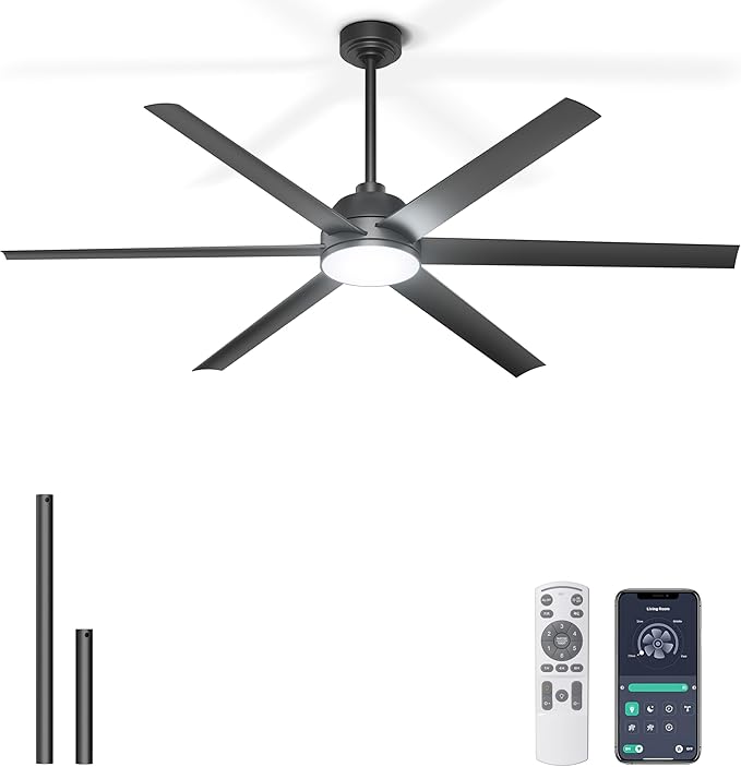 65 Inch Ceiling Fan with Lights - Black Ceiling Fan with Remote & APP Control, 3CCT, Dimmable, Quiet Reversible DC Motor, Indoor Outdoor Ceiling Fans for Patio Living Room Garage Shop