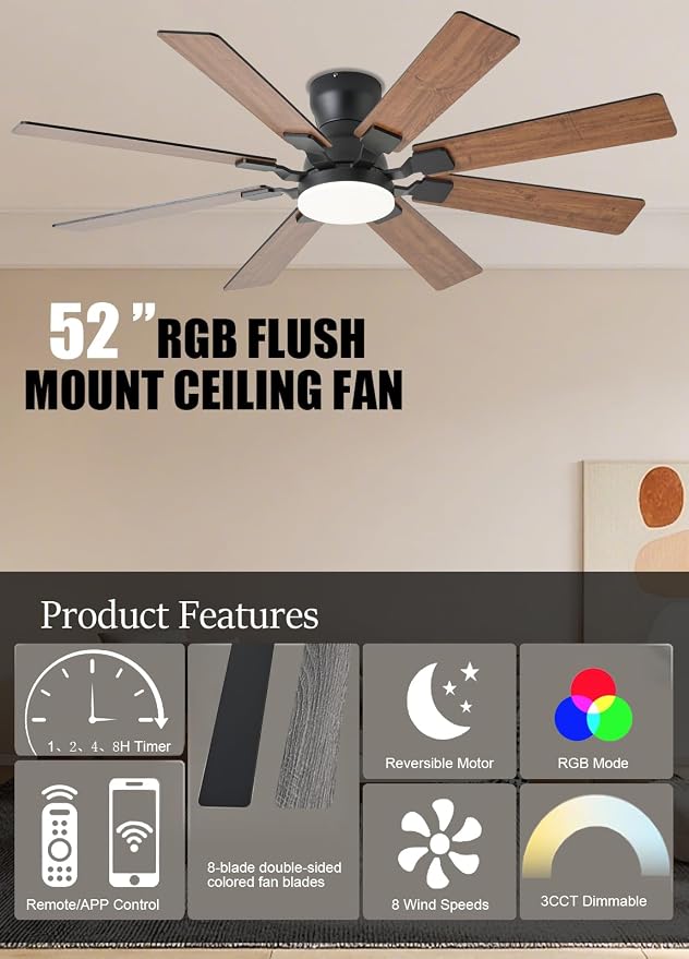JSAITEE 52 inch Ceiling Fan with Light, 6 Speeds Reversible Low Profile Ceiling Fan with Light and Remote/APP Control, 3 Color Temp+Dimmable RGB, 8 Blades, Flush Mount Quiet Ceiling Fans, Brown