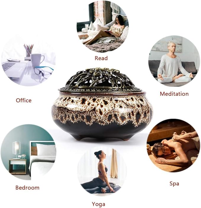 Incense Burner with Calabash Incense Stick Holder - Porcelain Charcoal Censer for Use with Resin Granular Powder Cone or Coil Incense (Fambe Gray)