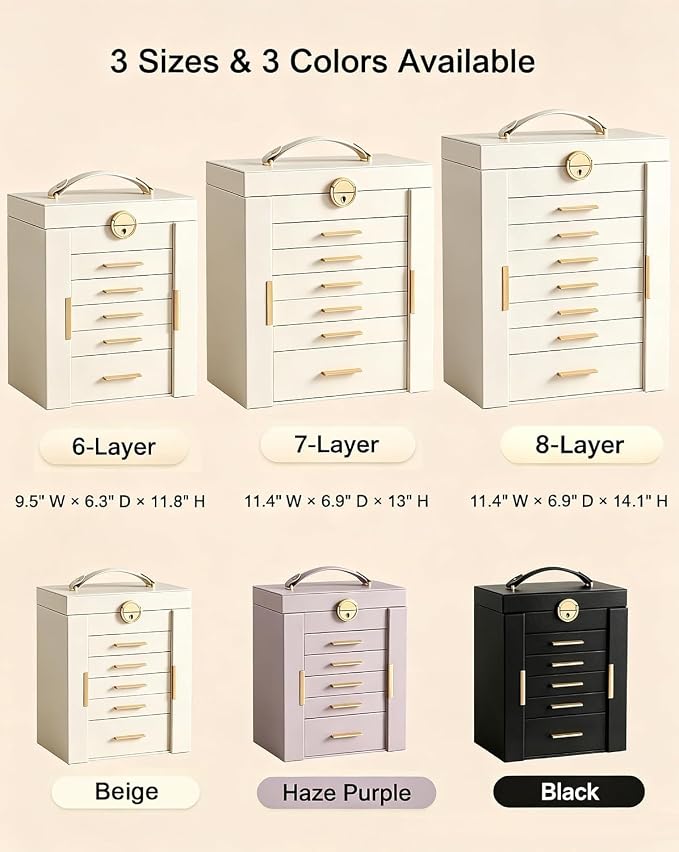 Lolalet Large Jewelry Box Organizer for Women, 7-Layer Jewelry Organizers and Storage Case with Mirror & 6 Drawers, Lockable Watch Ring Earring Bracelet Necklace Holder Girls Gift -7Layer, Beige