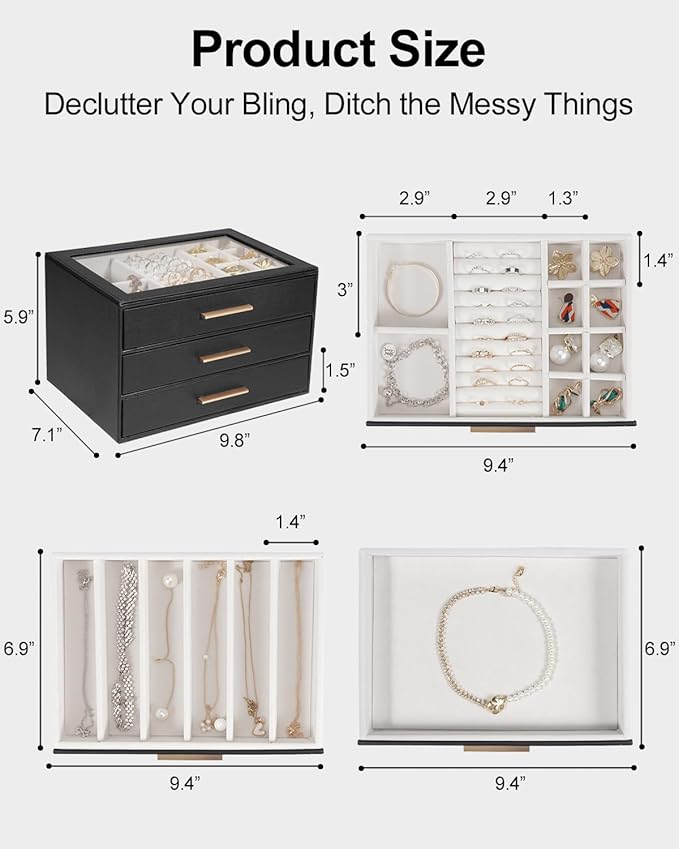 GUOER Jewelry Box for Women, Glass Lid Jewelry Organizer with 3 Drawers PU Jewelry Storage Case for Necklaces Rings Earrings Bracelets, Black