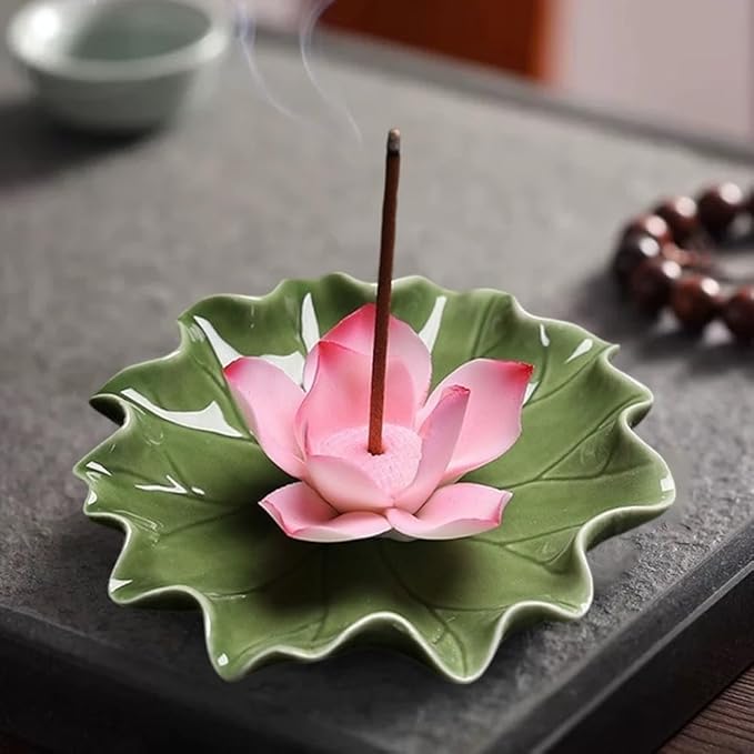 CREATCABIN Lotus Ceramic Incense Holder Incense Burner Stick Detachable Ash Catcher Lotus Leaf Burners Tray for Sticks Home Yoga Teahouse Zen Buddhist Altar Purify Spiritual Supplies Hot Pink 3.54in