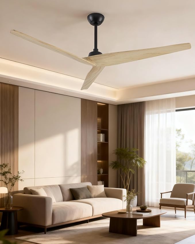 Skylike 60in Modern Wood Ceiling Fan No Light with Remote for Bedroom-Light | Real Wood Blades,Quiet DC Motor,Reversible,Beep-Off Function,6 Speeds,3 Timers,12" downrod ,Indoor and Outdoor