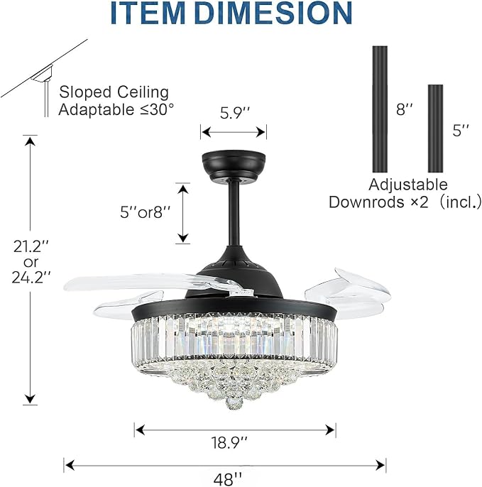 48 Inch Fandelier Ceiling Fans with Light, Chandelier Ceiling Fan, Retractable Ceiling Fan for Bedroom, Living Room, 3 Color Change, LED Dimmable, 6 Speeds, Reversible DC Motor- Black