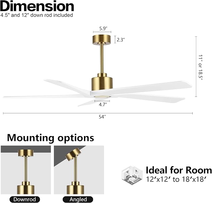 WINGBO 54 Inch DC Ceiling Fan without Lights, 5 Reversible Carved Solid Wood Blades, 6-Speed Noiseless DC Motor, Ceiling Fan No Light with Remote, Brass Finish with White Blades, ETL Listed