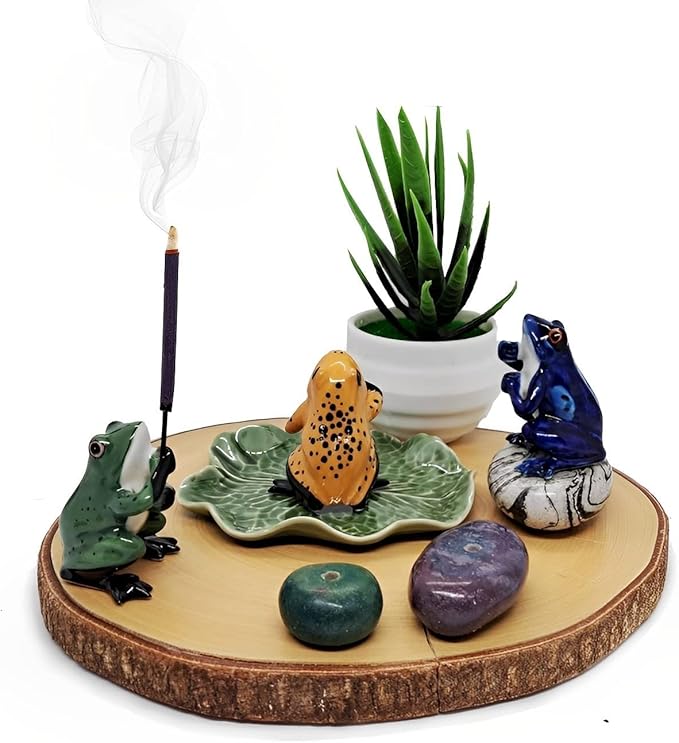 2" Dark Blue Frog On 4" Wide Lotus Leaf Ceramic Incense Stick Holder Artistic Collectible Figurine for Adult Collectors Interior Accent Gift Handcrafted Porcelain Home Room Decor
