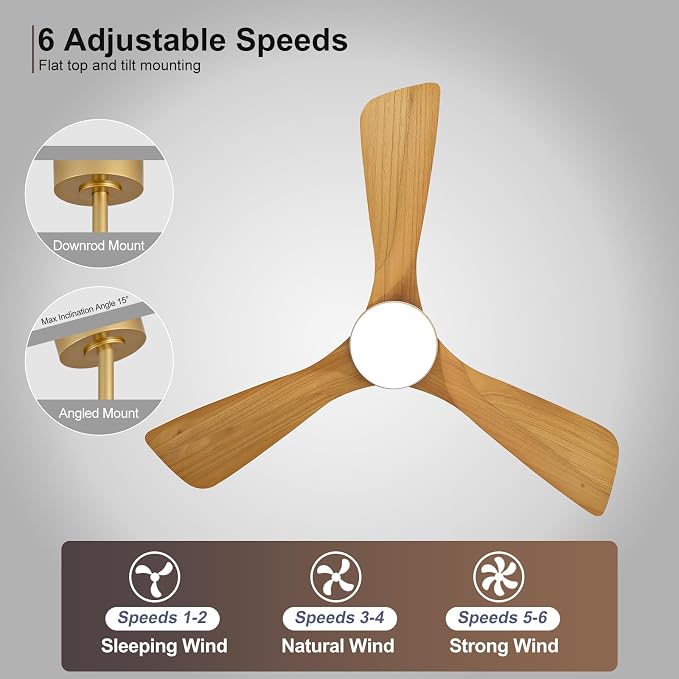42 Inch Ceiling Fans with Lights and Remote, Dimmable LED Light, Quite Reversible DC Motor,Memory Function,Modern Solid Wood Indoor Outdoor Ceiling Fan with Light for Patio Office (Gold)