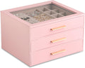 Frebeauty Jewelry Box for Women,Clear Lid Jewelry Organizer with 3 Drawers | Faux Leather,Velvet Lining,3 Layers,Jewelry Storage for Ring Earring Stud,Dustproof Design,Gift Choice,Golden Stylish Handle