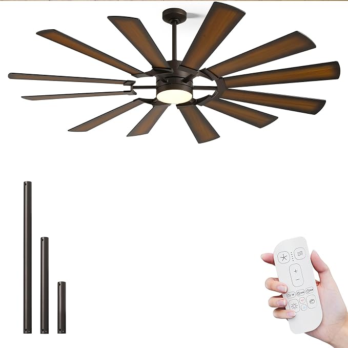 62 Inch Outdoor Windmill Ceiling Fan with Light for Patios, ETL Rustic Farmhouse, Large Airflow High 8095 CFM, 3 Downrod, Quiet Reversible DC Motor for Living Room Bedroom Garage Dual Finish 12 Blades