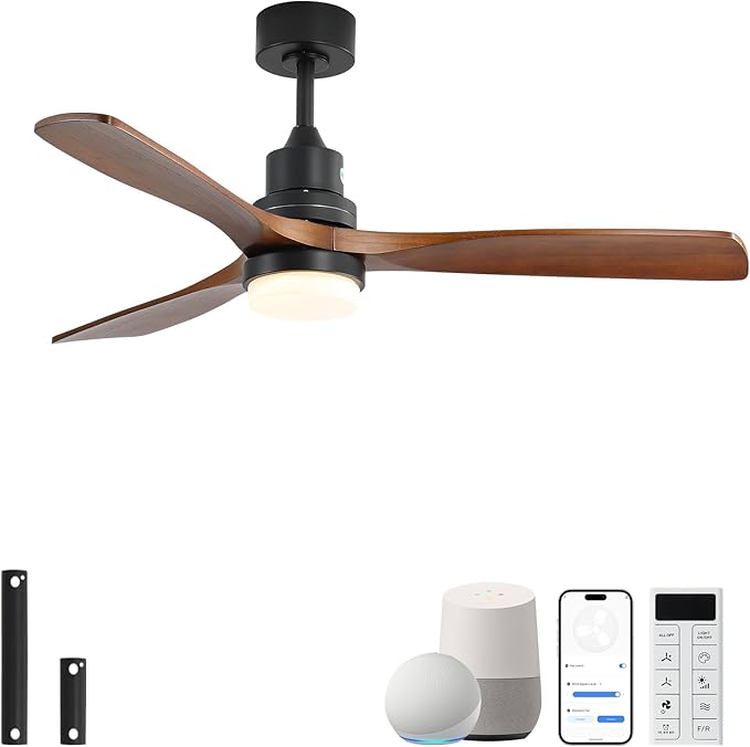 Sofucor Smart Ceiling Fan with Light, 52 Inch Solid Wood Ceiling Fans with Lights and Remote,Work with Alexa/Google, Low Profile Indoor/Outdoor Ceiling Fan, Quiet DC Motor, for Bedroom Patio Farmhouse