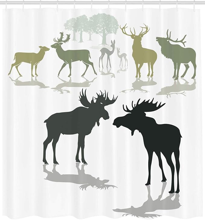 Ambesonne Antlers Shower Curtain, Elk Deer and Fawn Silhouette Forest at The Background World Natural Habitat Theme, Cloth Fabric Bathroom Decor Set with Hooks, 69" W x 75" L, Green Black
