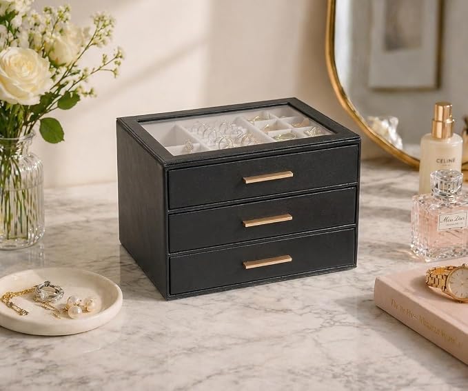GUOER Jewelry Box for Women, Glass Lid Jewelry Organizer with 3 Drawers PU Jewelry Storage Case for Necklaces Rings Earrings Bracelets, Black