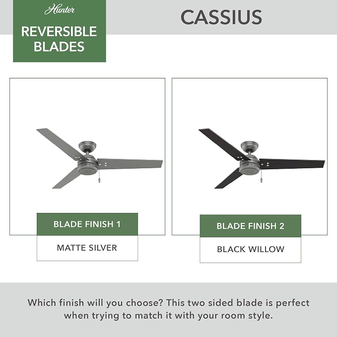 Hunter Cassius, Outdoor or Indoor, Ceiling Fan, 52 inch, Matte Silver | No Light, Standard Mount, Pull Chain, 3 Blades, For Living Room, Patio, Porch, Garage, 59262