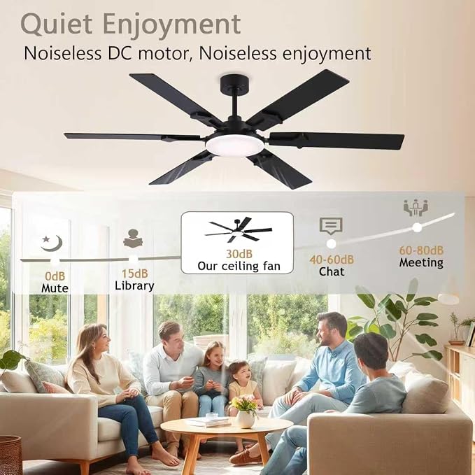 NKPU 66 Inch Large Ceiling Fans with Lights and Remote, Black Modern Indoor/Outdoor Ceiling Fan for Living Room Kitchen Patio, 6 Speed Reversible DC Motor, 3 CCT Lighting, Dual Finish 6 Blades