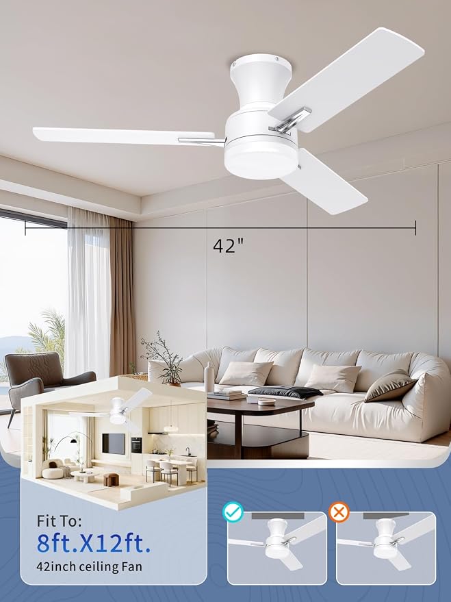 LANMEL 42 Inch Flush Mount Ceiling Fan with Light, App&Remote Control,Low Profile Modern Ceiling Fan,6 Speed,Reversible,3000k-6500k Dimmable LED,Quiet DC Motor for Indoor Outdoor,White Silver