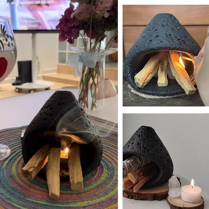 sage and palo Santo Chimney Burner Holder Incense Holder, Cone Burner Mini Chiminea Smudge Palo Santo Holder for Home Cleansing Meditation & Manifestation Gift (ONLY Black)