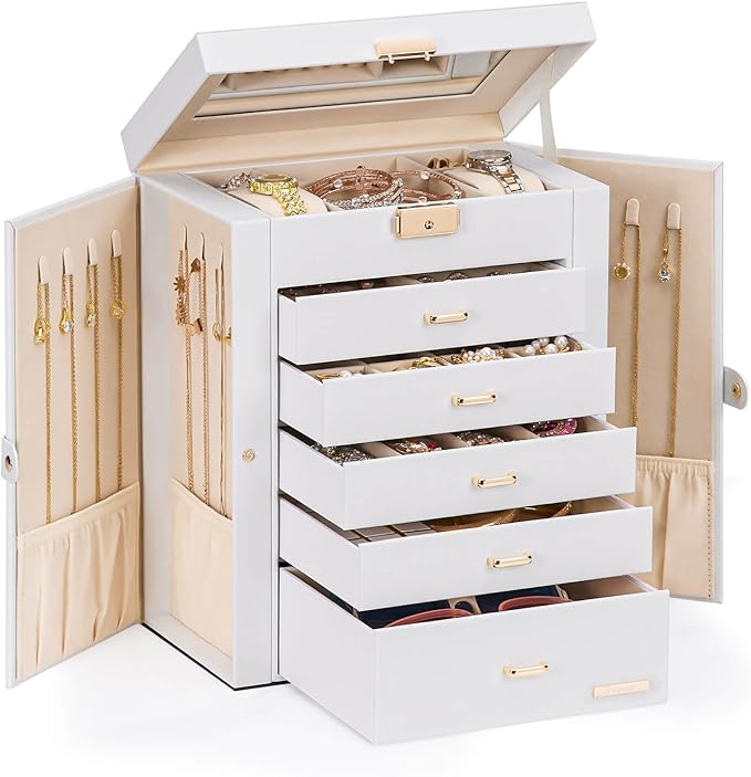 Homde Jewelry Box Large for Women: 6 Layers 5 Drawers Organizer with Mirror for Ring Earring Necklace - Storage Holder with Lock for Dresser - Ideal Gift Case (White)
