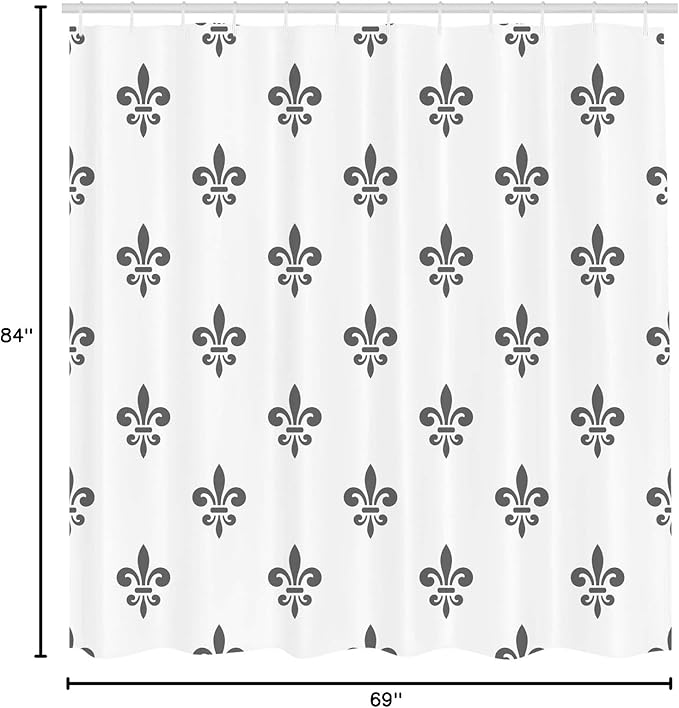 Ambesonne Fleur De Lis Shower Curtain, A Fleur-de-Lis Royal Lily in Simple Old Style Ornate with Antiquity of Abstract Pattern, Cloth Fabric Bathroom Decor Set with Hooks, 69" W x 84" L, Grey White