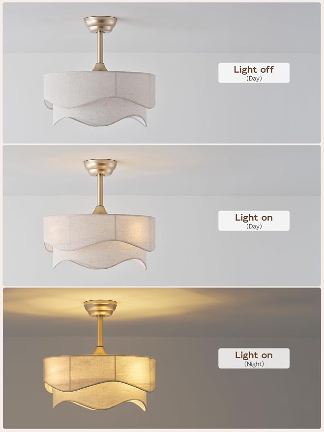 20" Boho Fandelier Ceiling Fans with Lights, Gold Caged Ceiling Fan with Light, Fabric Bladeless Fan with Remote Control, Reversible for Bedroom, Living Room, Nursery (Beige)